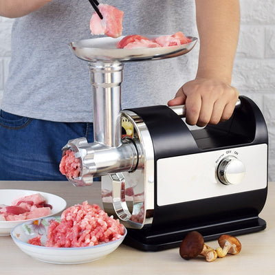 Matte black Home Electric Meat Grinder with a stainless steel body.