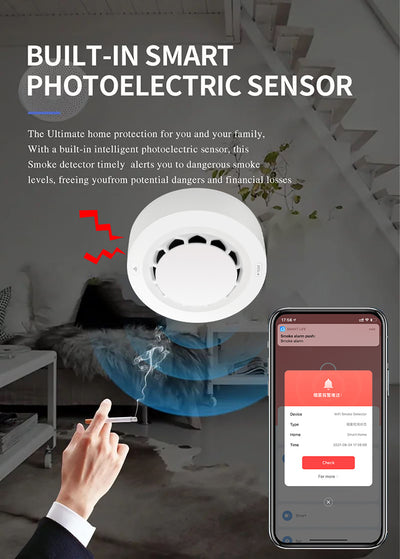 Image of a smartphone displaying a fire alarm notification from the WiFi Smoke Sensor app