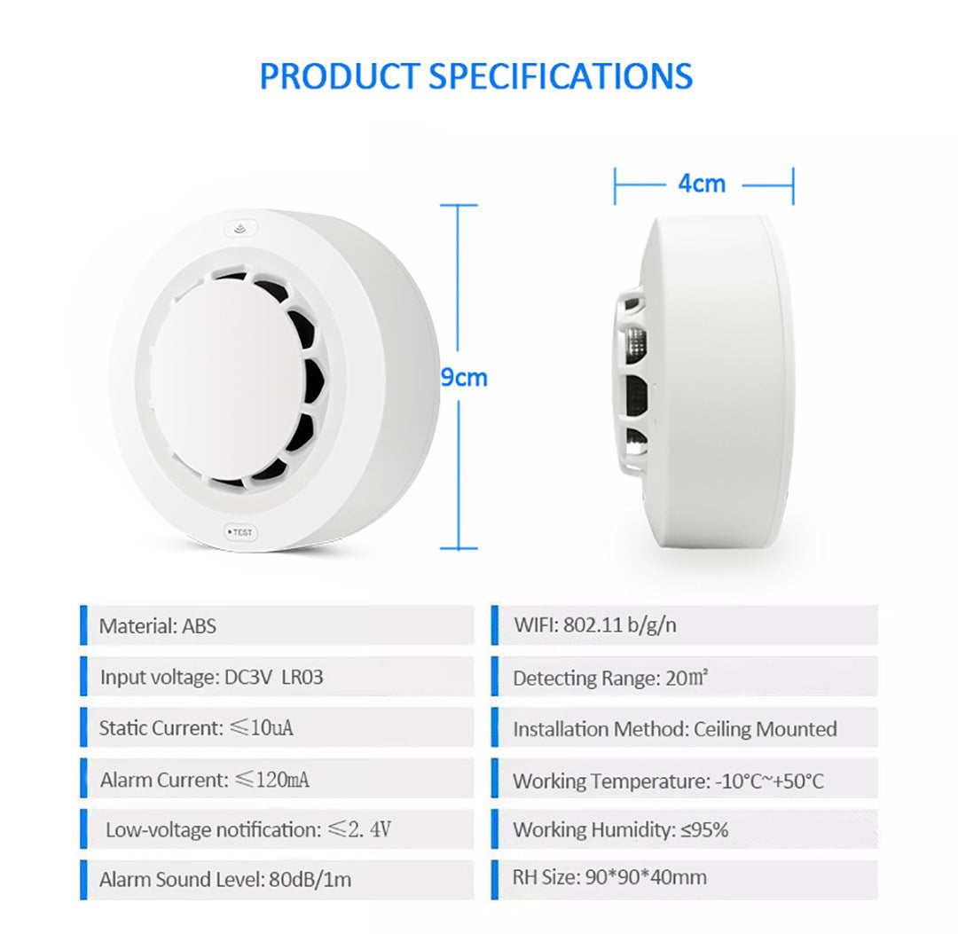 Close-up of the WiFi Smoke Sensor mounted on a white ceiling